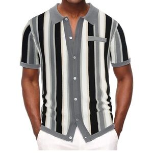 PJ Paul Jones Men's Striped Short Sleeve Shirt Gray Black knit Size Large